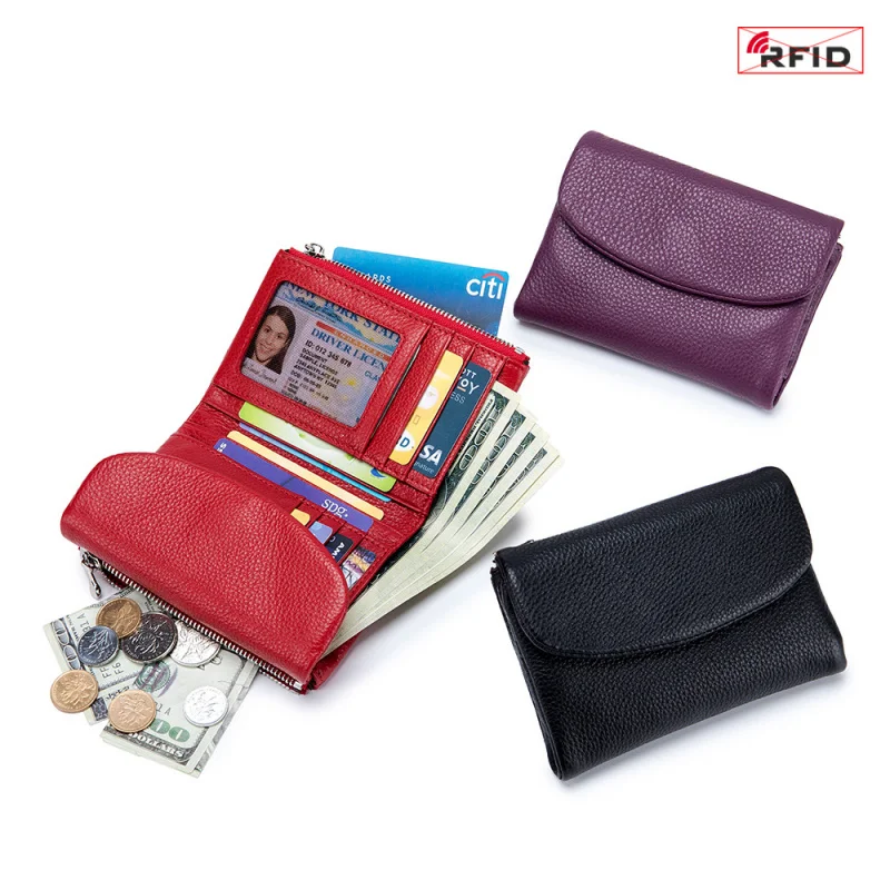 Western RFID Blocking Cowhide Leather Short Women Wallet Large Capacity Card Holder Coin Purse for Ladies