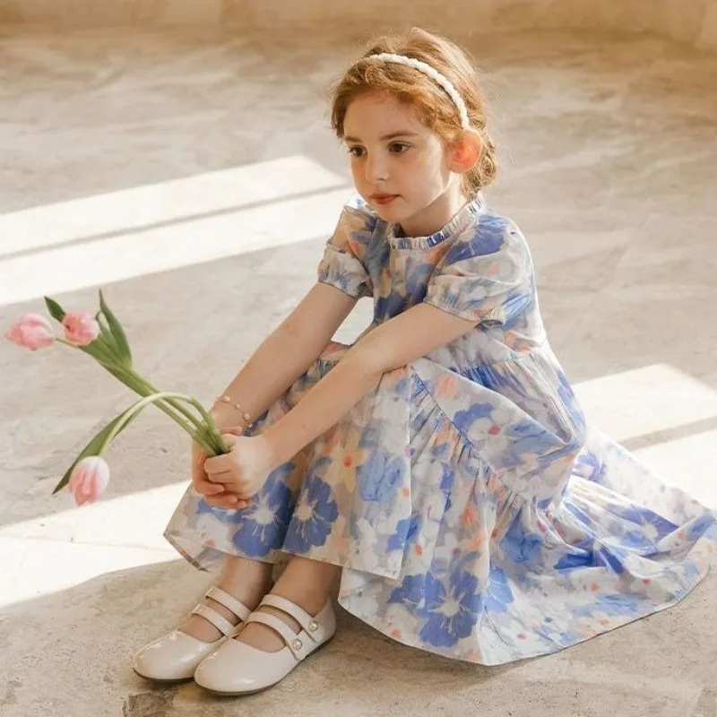 

Хлопковое платье с кружевной отделкой во французском ретро-стиле масляной живописи, платья с цветочным узором для девочек, детская одежда, роскошный костюм для девочек, детский костюм