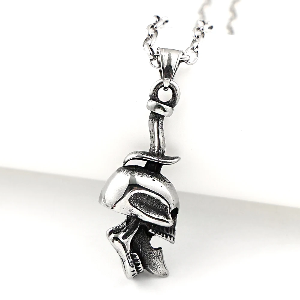 Gothic Punk 316L Stainless Steel Skull Knife Tongue Pendant Necklace For Men Women Silver Color Hip Hop Chain Biker Jewelry Gift