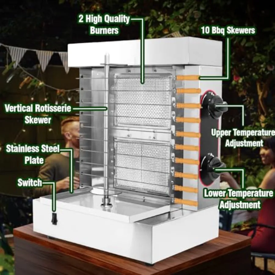 Innovative 2-Burner Shawarma Grill Machine for Kebabs Gyros Tacos Al Pastor - Premium Stainless Steel Skewers Included