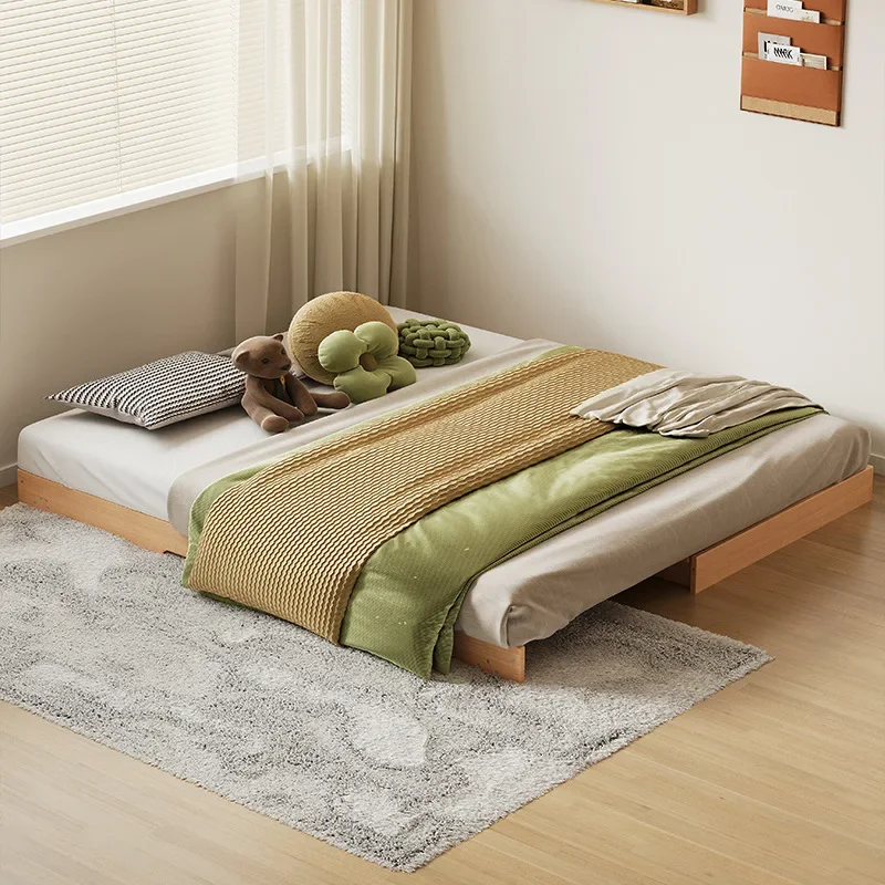 Nordic simple beech tatami bed modern 1.8 meters 1.5 solid wood doublebed telescopic no bedsidebed frame shortbed