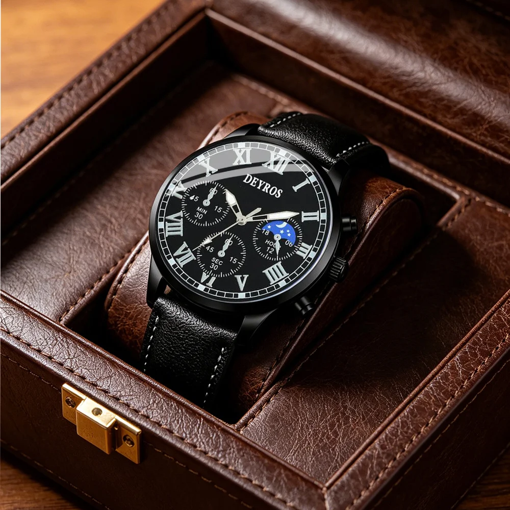 4pcs Men's Quartz Wristwatch + Fashion Necklace, Ring, and Bracelet Jewelry Set Watch for Men Necklace, Men's Bracelet