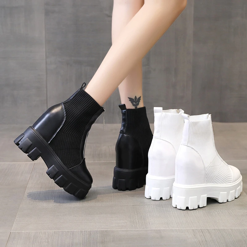 2024 New Winter Ankle Boots Women Quality Platform Boots Female Fashion Short Boot Black 11cm High Heel Zip Women Sock Shoes