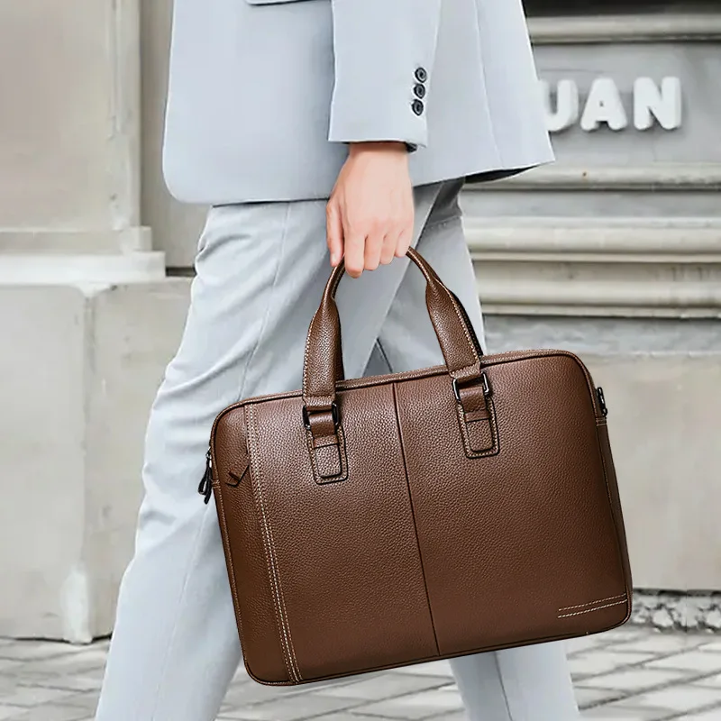 Genuine Cowhide Leather Briefcase Large Capacity Laptop Bag Contrast Stitching For Men Business Ample Storage Space