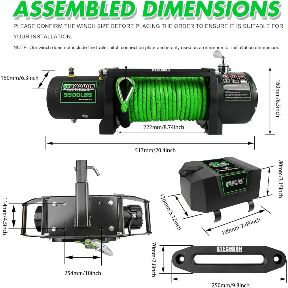 9500lb Electric 12V Waterproof Electric Winch Synthetic Rope Winch with Wireless Handheld Remote and Corded