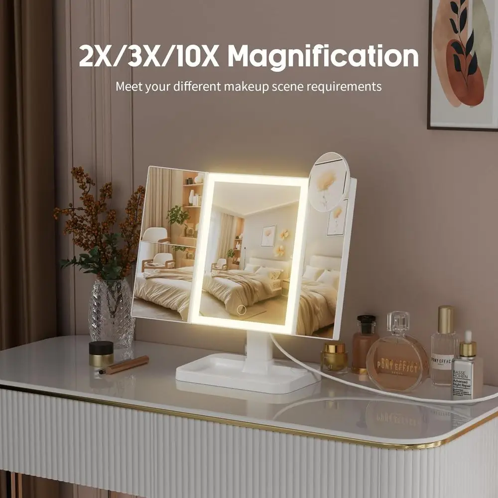 Illuminated Travel Makeup Mirror with Rechargeable LED, 2X-10X Magnification & 3 Light Colors for Portable Use & Gifts