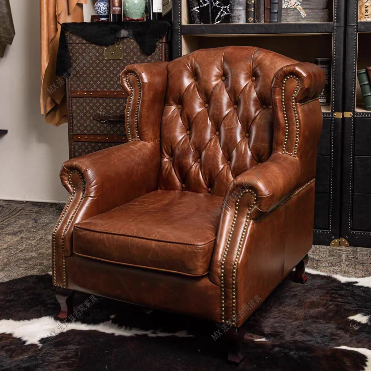 

French vintage-style wax leather cigar chair, classic American mid-century club chair, high-back designer tufted sofa chair