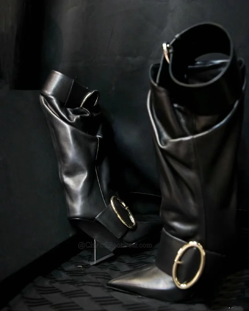 Black Leather Metal Buckled Knee High Boots Women Pointed Toe Strange Punk Style Pull on Boot Luxury Designer Shoes 2023 Winter