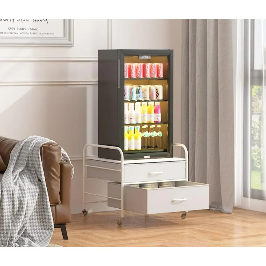 

Mini Fridge Stand with Storage 2 Drawer Fridge Cart Organizer Unit for Mini Fridge with Swivel Wheels White