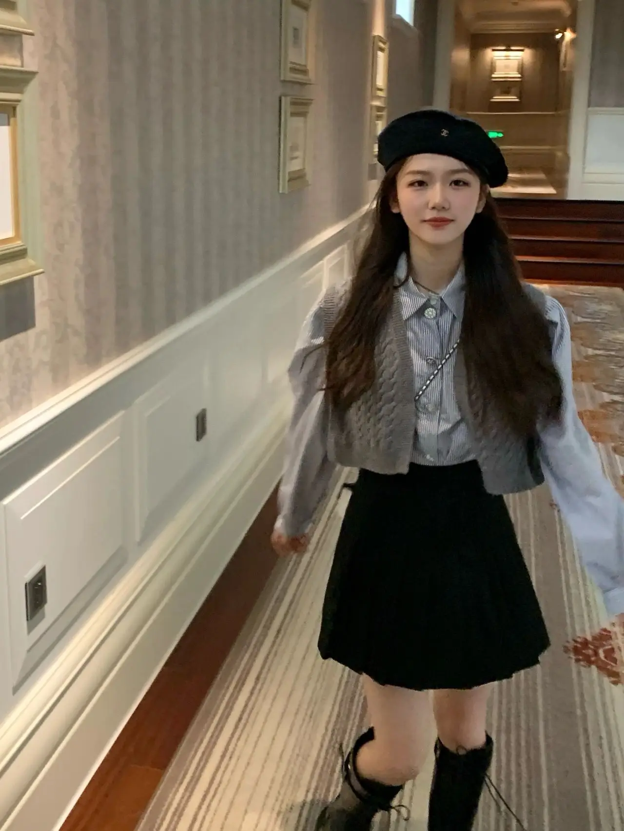

Fall Fashion Korean Style Short Knitted Cardigan Striped Shirt Pleated Skirt Three Piece Set Women's Clothing Polyester Fabric