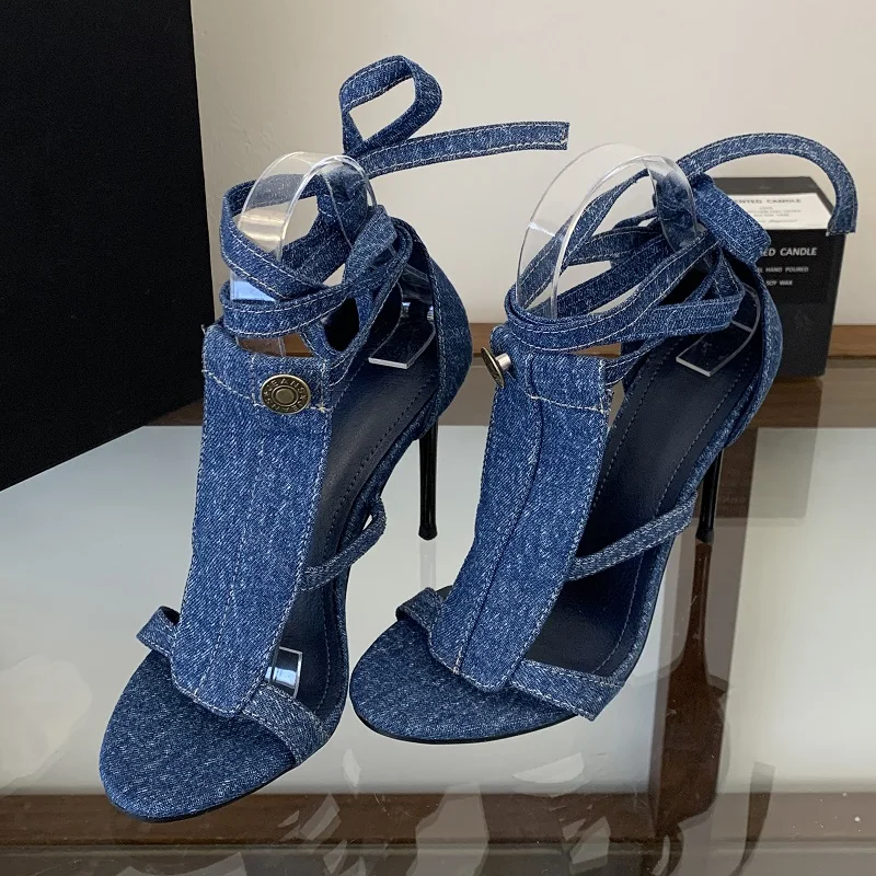 Eilyken Sexy Thin High Heels Women Sandals Design Style Denim Button Ankle Lace-up Shoes Summer Gladiator Pumps