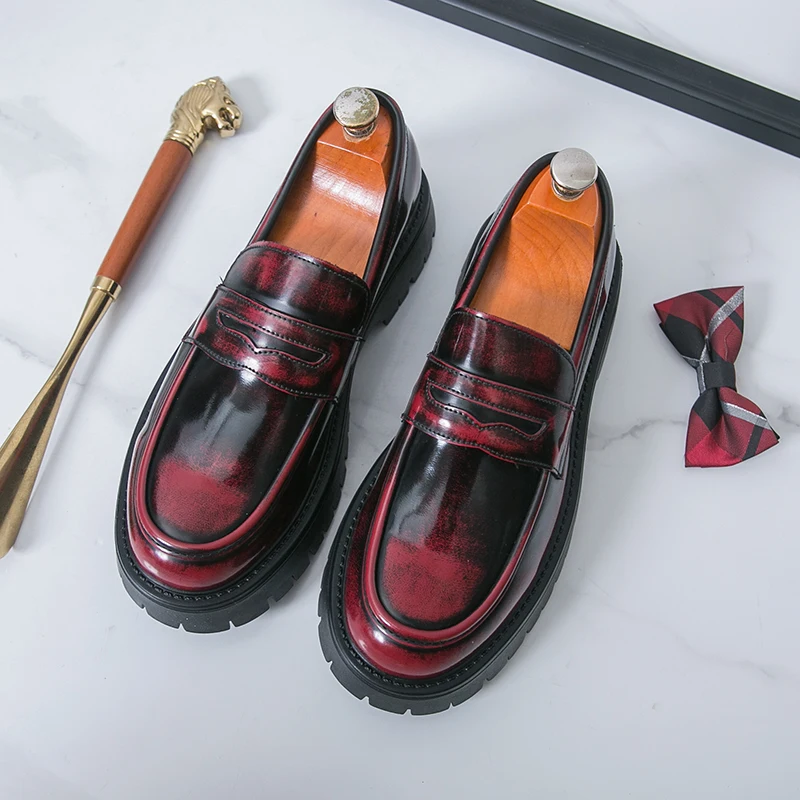 

Men Business Height-increasing Loafers Black Red PU Casual Thick-soled Anti-slip Business Fashion Leather Shoes Work Shoes Men