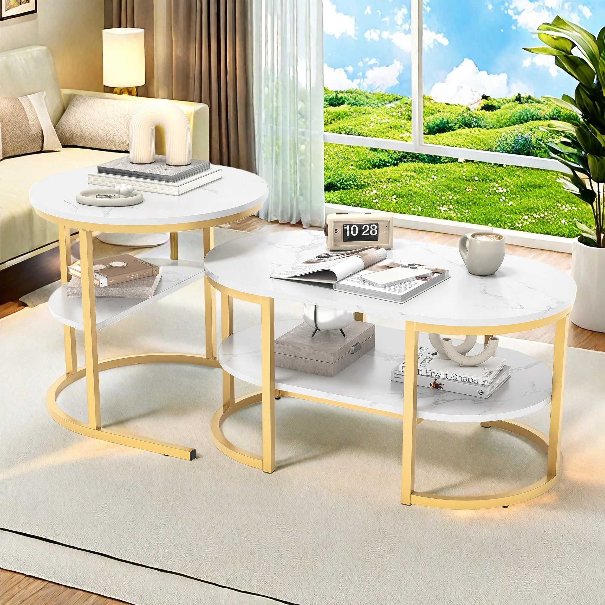 Fangange Ensemble de 2 tables basses, table de salon 2-en-1 avec espace de rangement, table de canapé moderne, ronde et rectangulaire en aspect marbre