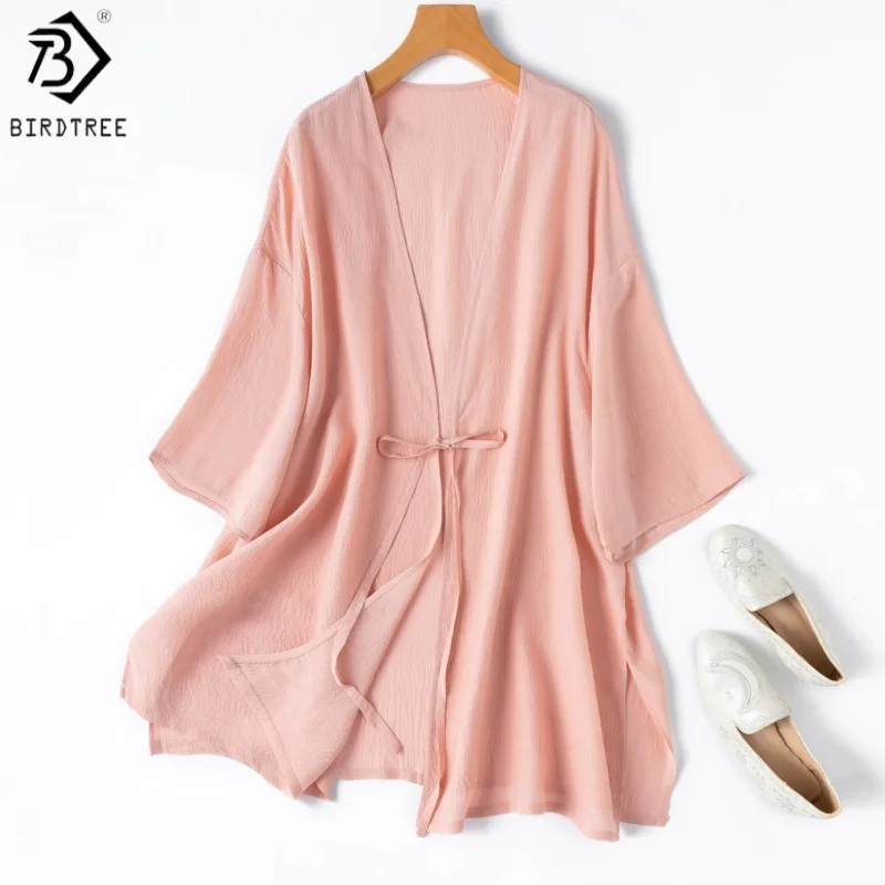 

Birdtree, 100% Real Silk Sheer Coat, Women Bubble Crepe Thin Tops, Sun protection Loose Sash Cardigan, 2026 Summer New T65421JF