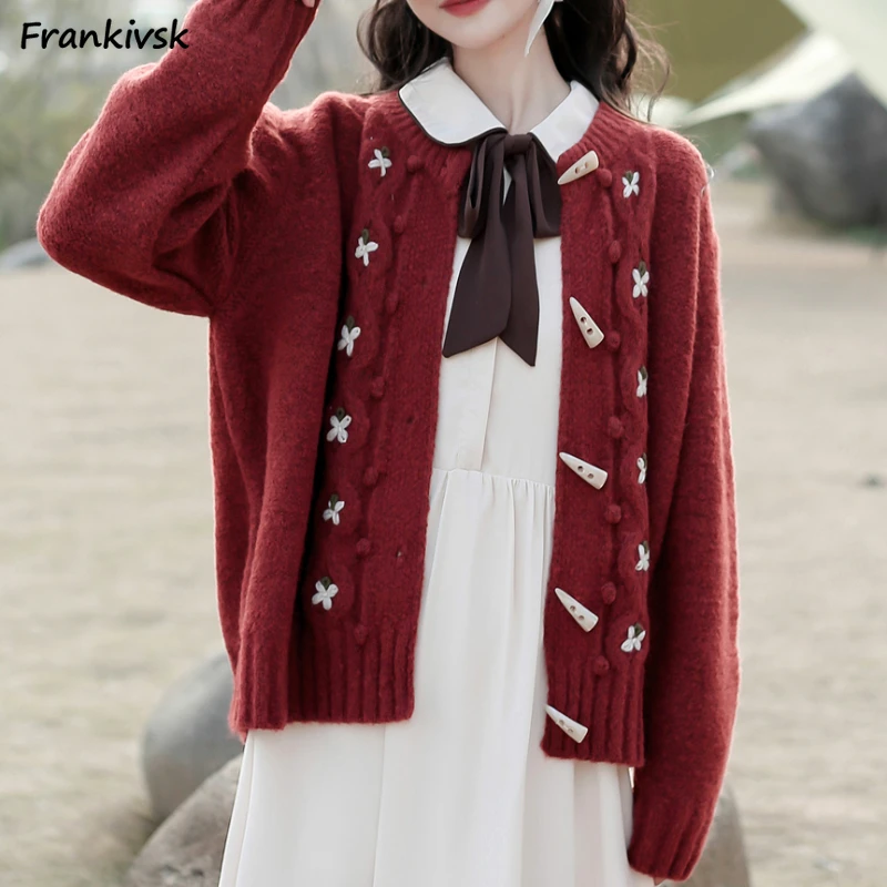 

Cardigan Women Turn-down Collar Sweet Elegant Sweaters Horn Button Autumn Retro All-match Students Leisure Korean Trendy Chic