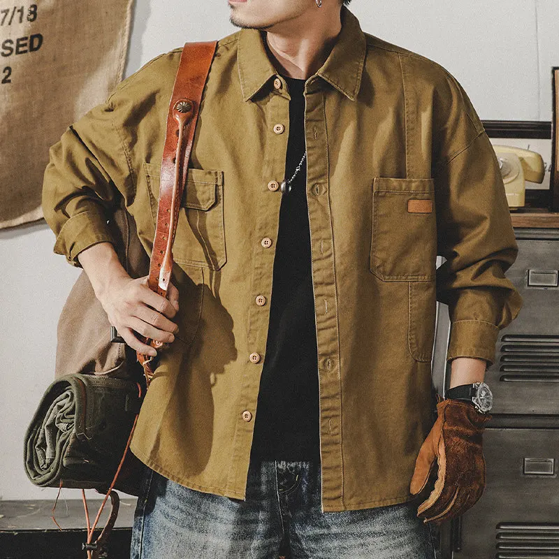 100% Cotton Washed Men's American Vintage Heavy-weight Workwear Shirt Spring Loose Fit Rugged Hunting Jacket for Spring/Autumn