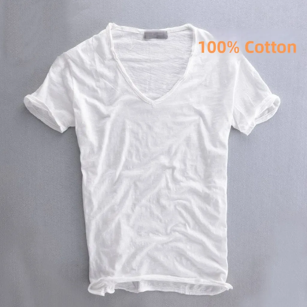 

Summer Bamboo Cotton Men's Short Sleeve T-Shirt Simple Color V-Neck Slim Fit Ruffle Old Style Thin T-Shirt CleanFit