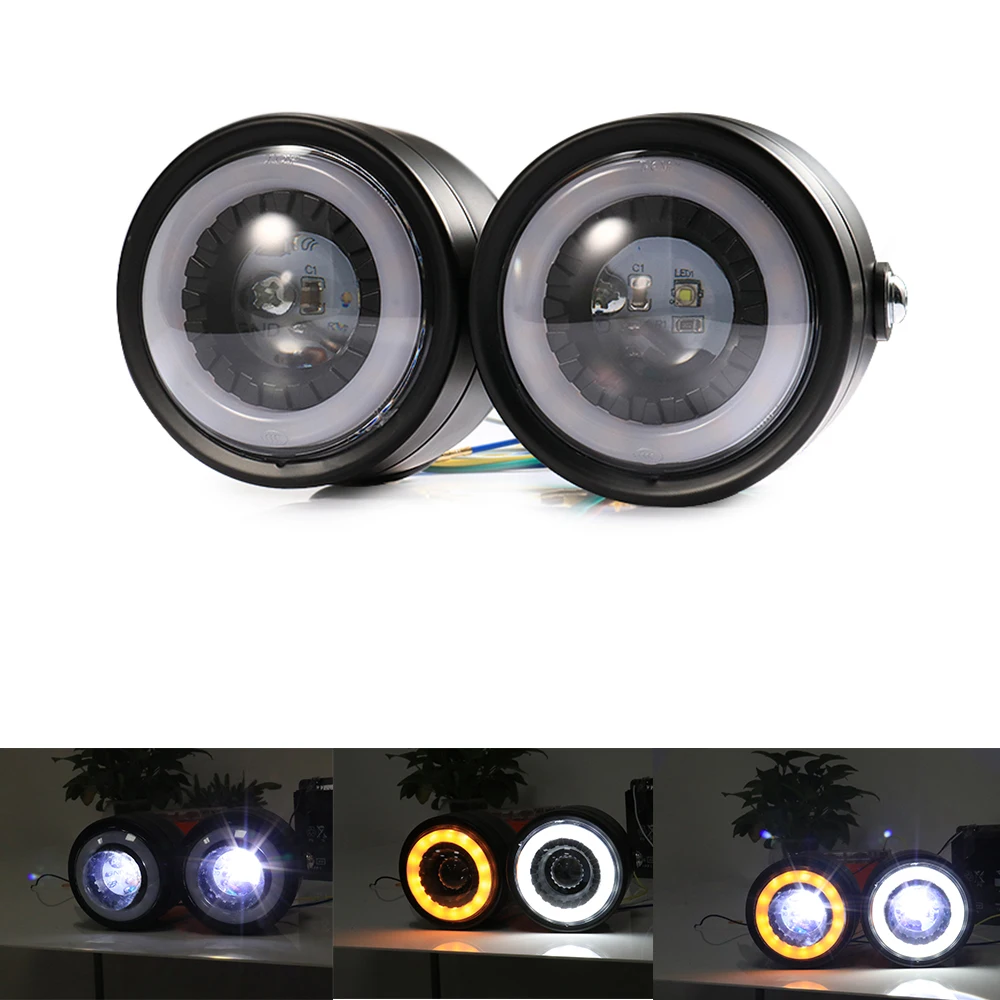 

LED Double Light Retro Motorcycle Angel Eye Round Headlamp Turn Signal Yellow DRL White Aperture Lamp For HONDA YAMAHA YZ SUZUKI