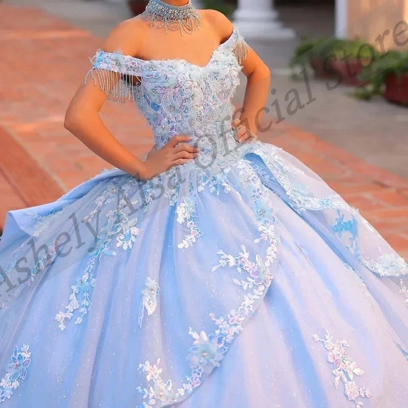 Robes de Quinceanera mexicaines bleu ciel personnalisées pour femmes, robe de Rhen dentelle, robe de Rhde perles, robe de fête d'anniversaire, Off Initiated, AQ33