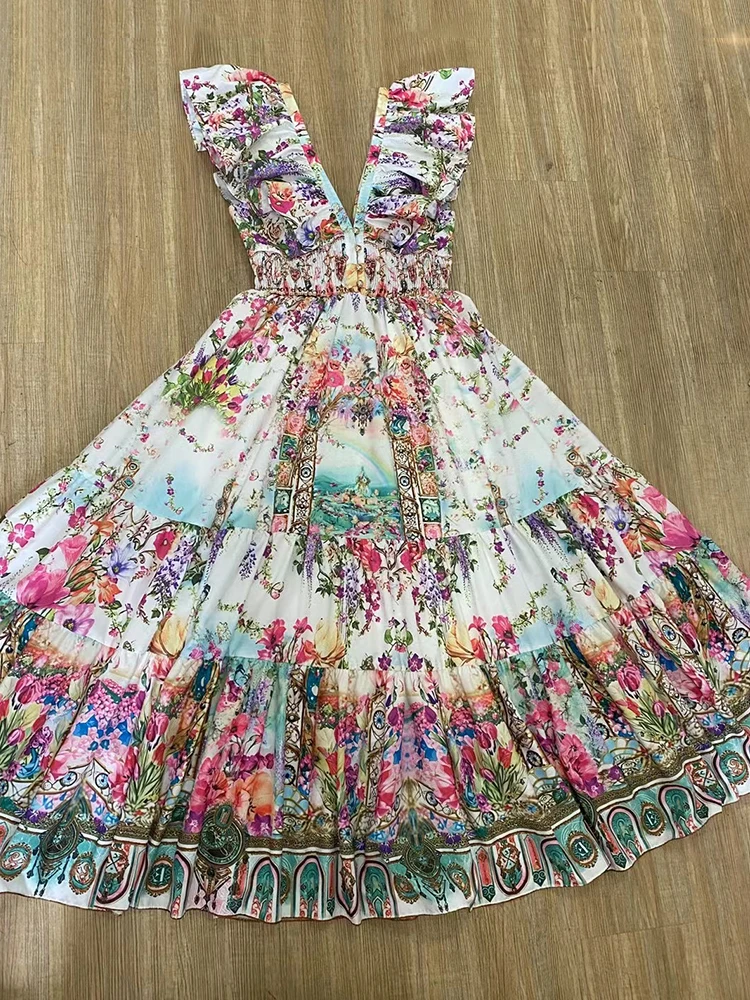 Vintage geometric print fly-sleeve V-neck high-waisted vest dress 2025 summer women's fashion pleated loose A-line pommel skirt