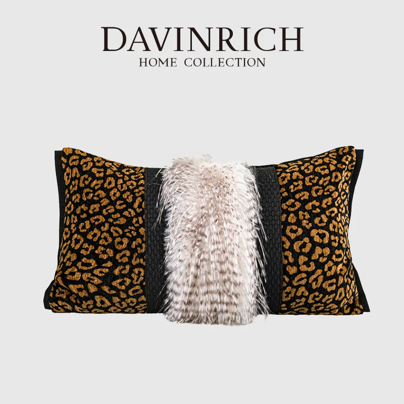 DAVINRICH Amber Orange Chenille Texture Leopard Cheetah Lumbar Pillow Cover Luxury Cushion Case Unique Personal Style Home Decor