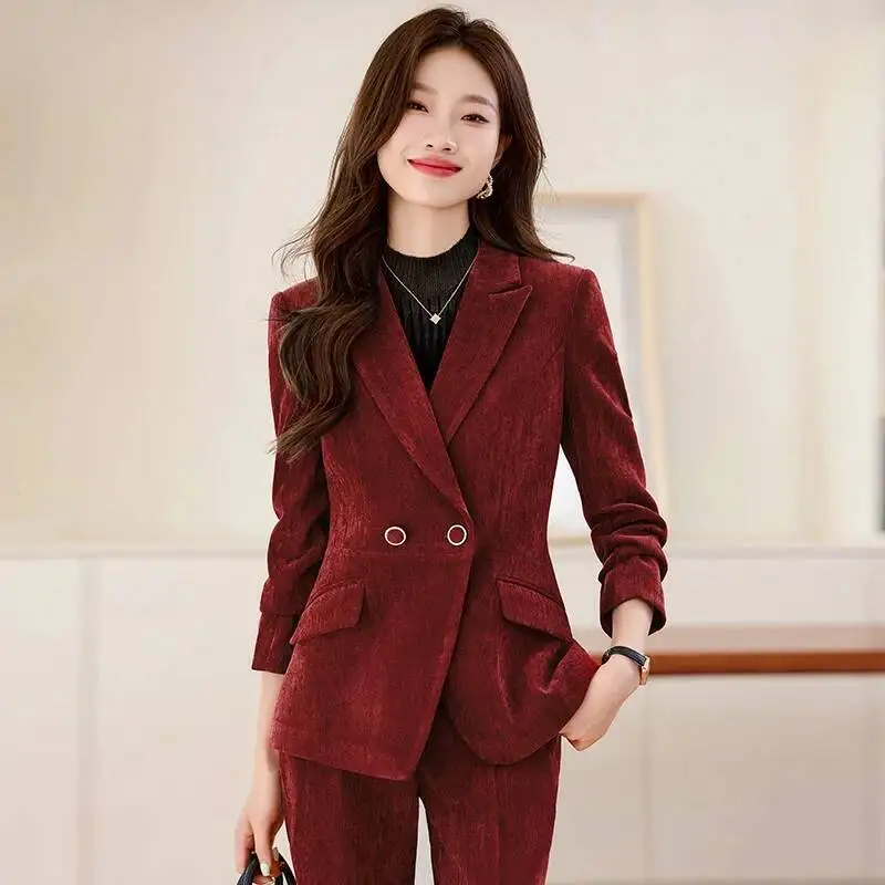 High Quality Fabric Autumn Winter Velvet Blazers Suits Formal Pantsuits Career Interview Trousers Set Professional OL Styles