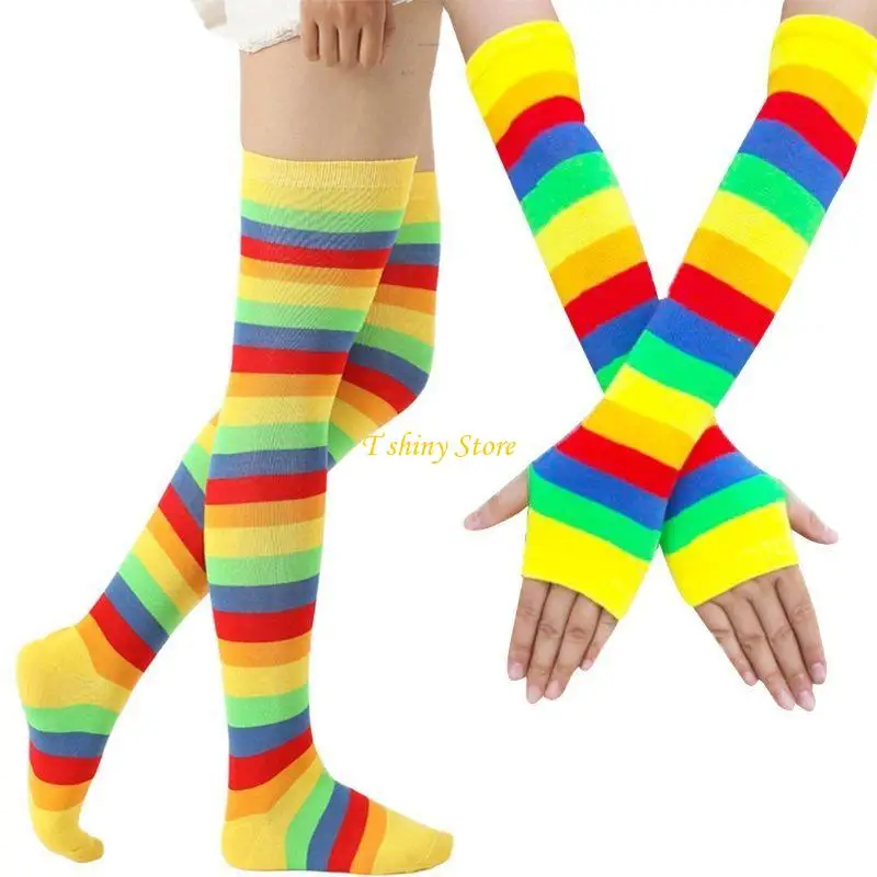 

N58F Long Opaque Arm Leg Warmer Socks Halloween Accessories Rainbow Striped Costume