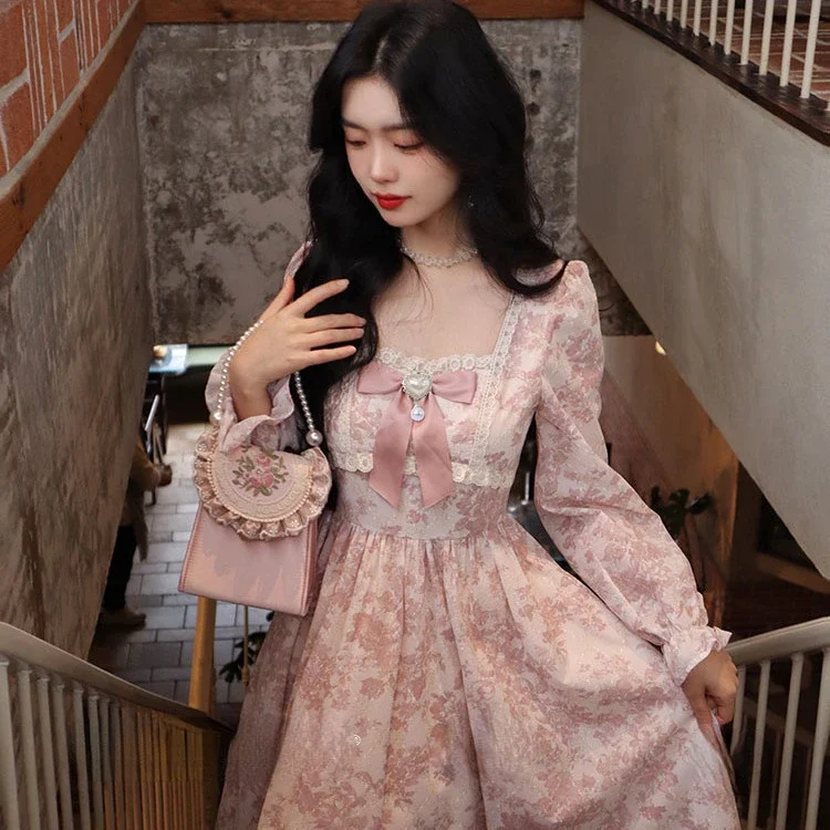 Robe rose élégante à manches longues pour femmes, nouvelle collection été 2021, col carré, avec nœud, Y2k, e-girl, taille haute, 2025