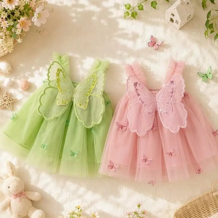 Summer Baby Girls' Princess Party Birthday Dress Sweet Children Clothing Butterfly Wings Fairy Strap Embroidered  Mesh 0-3 Y Kid