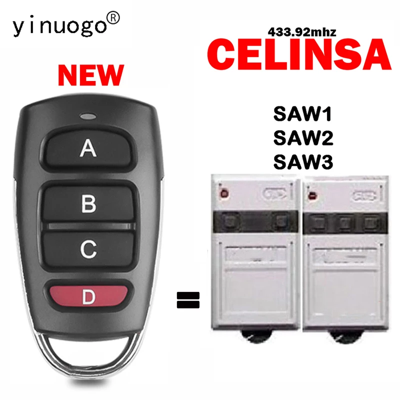 CELINSA Remote Controls Are Compatible With SAW1, SAW2 And SAW3 Garage Door Openers, 433MHz Fixed Code.