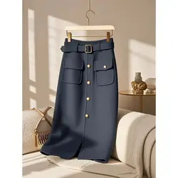 Temperament Vintage High Waist Skirts Women Clothes Spring Autumn New Fashionable All-match Buttons Solid Color A-line Skirt