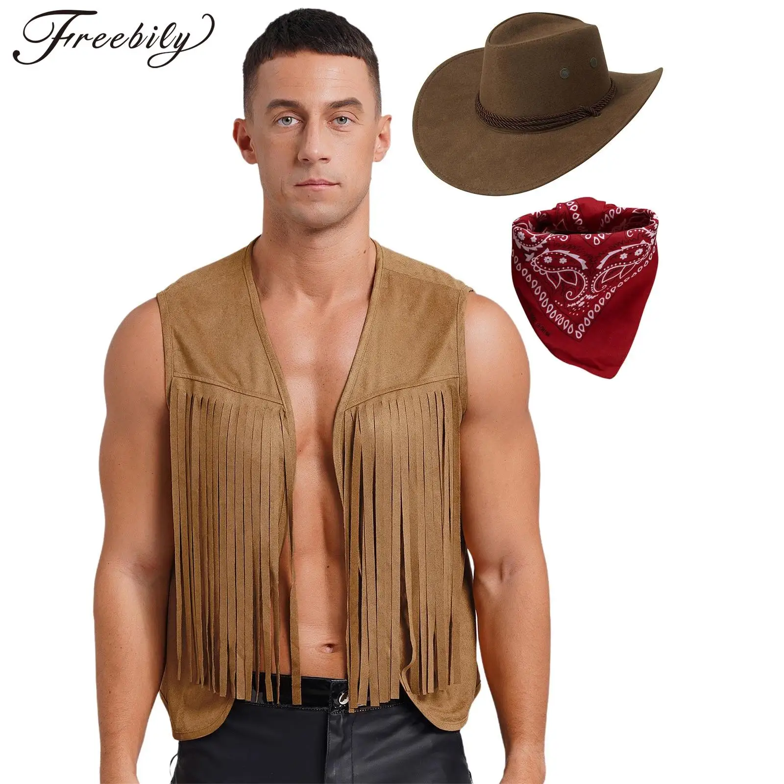 Western Cowboy Costume for Adults Mens Halloween Party Cosplay Cowboy Dress Up Open Front Tassel Waistcoat with Hat Bandanna Set