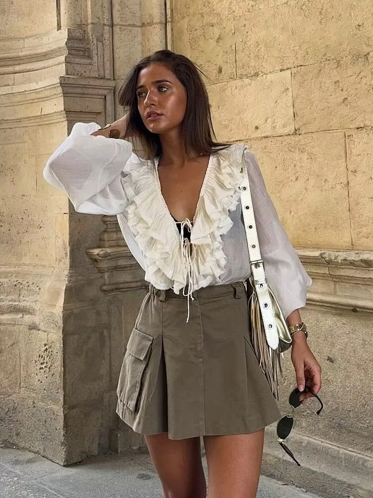 

HH женские элегантные повседневные рубашки однотонные с v-образным вырезом-фонариками с длинными рукавами многоуровневые украшения топ на шнуровке женские модные блузки рубашки