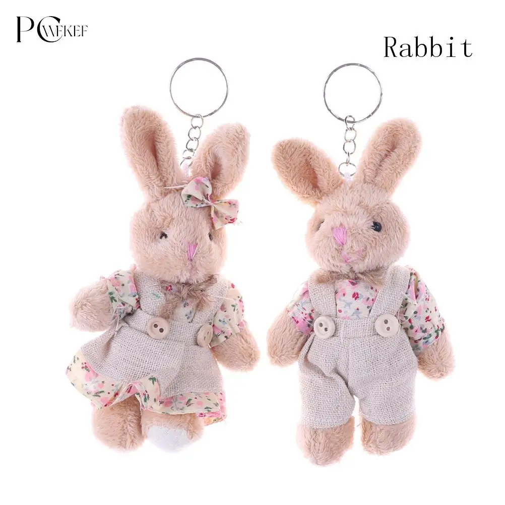 

11cm Couple Floral Cloth Teddy Bear Rabbit Bunny Dolls Key Bag Pendants Couple Bear Rabbit Plush Keychain Lovers Friends Gift