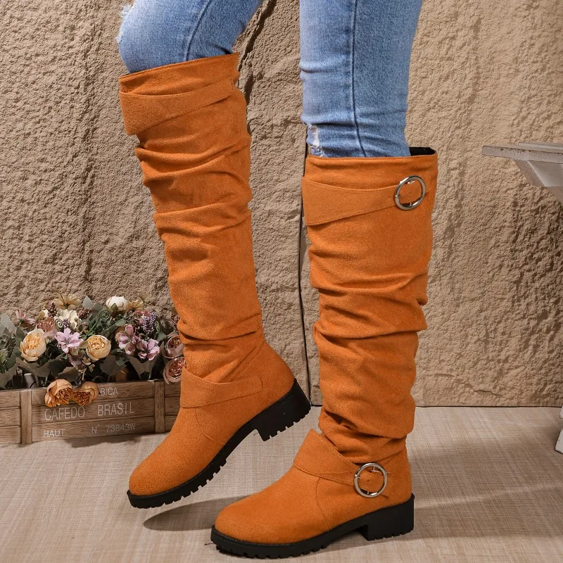 2024 novas botas de cano médio sapatos femininos primavera outono botas altas longas ocidental cowboy deslizamento em botas calçados femininos tamanho grande