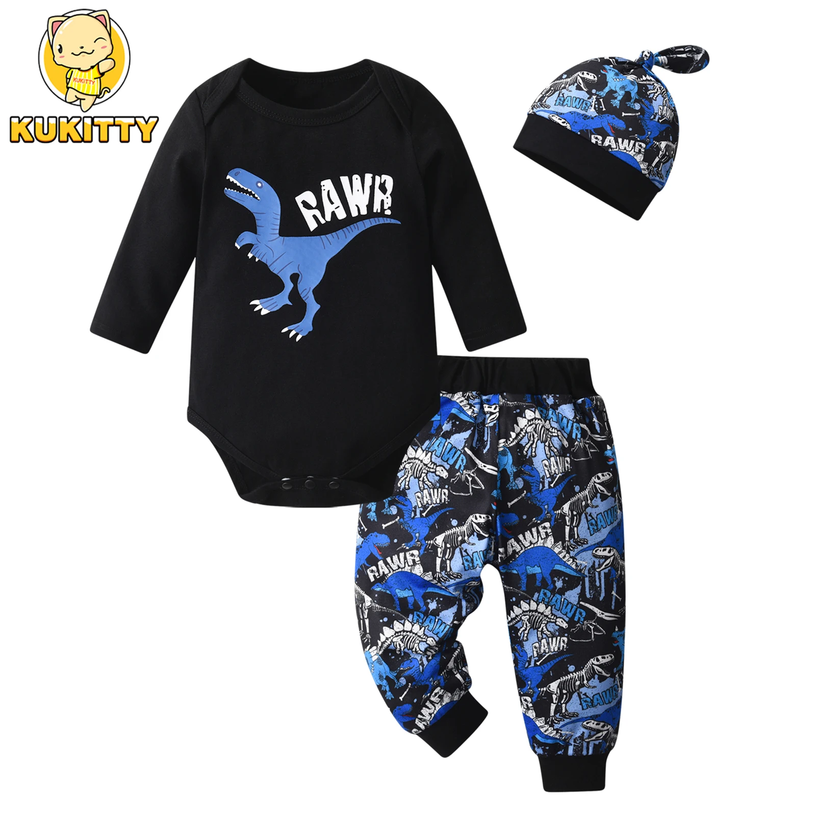 infant Baby Boy Cute Dinosaur Print Clothes Set Long Sleeve Romper Top and Pants Come with Hat 3PCS Newborn Outfit for Boys