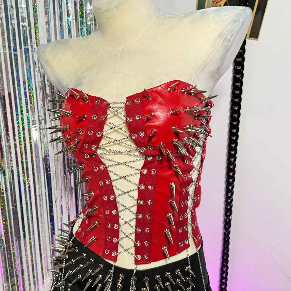 Emo Grunge DIY Harajuku Glitch Core Goth Hand Made Gothic E-Girls Y2K Vegan Leather TOPS 90s Chain Punk Rock Studded Eco Teen