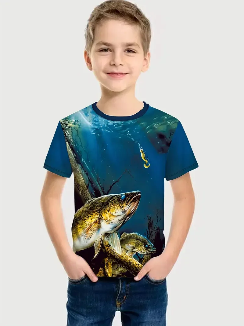 2024 New Children's Summer 3D Printing Shark Boy Cool Clothing Off Fashion Short Sleeve Top