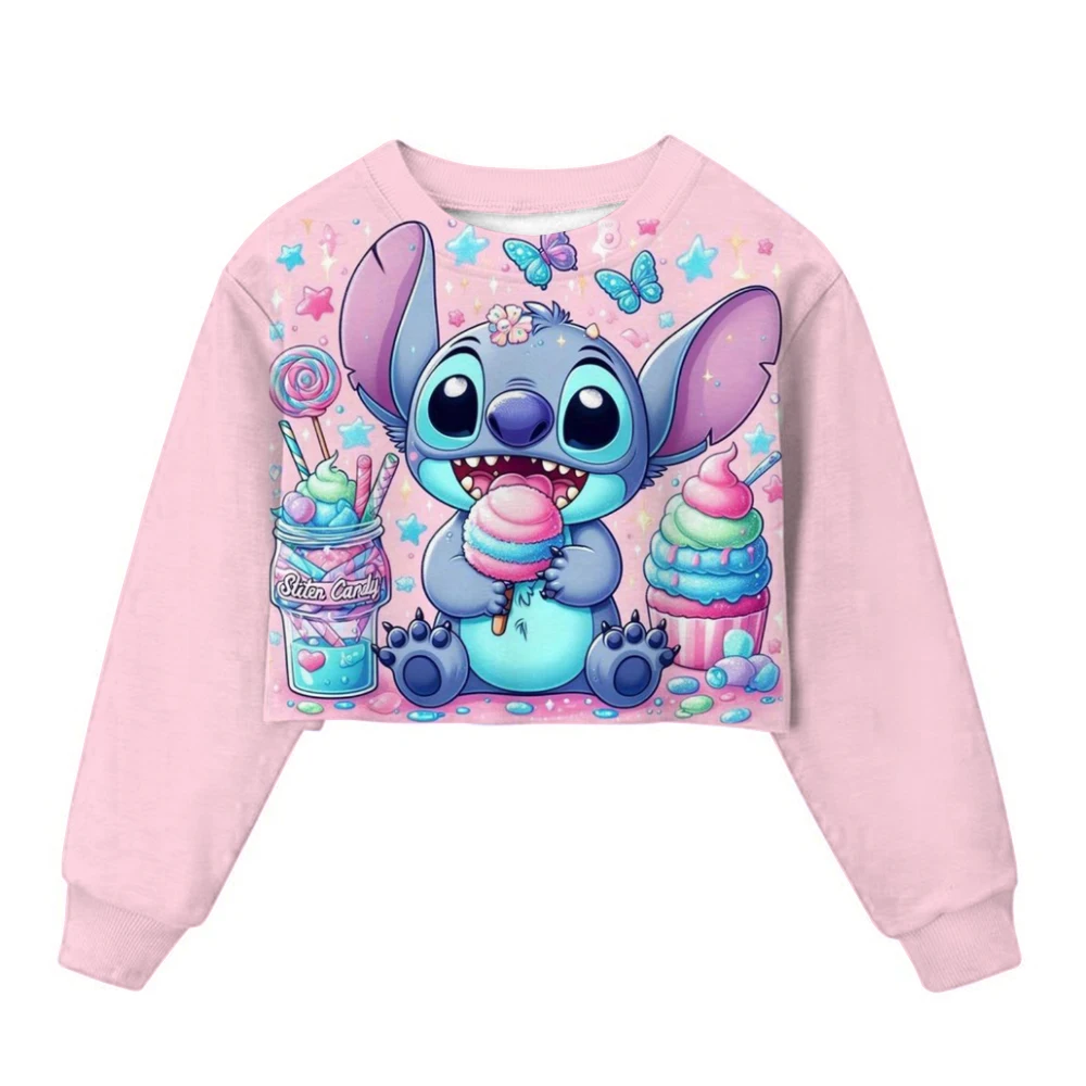 Stitch Kids Crop Sweatshirts Trendy Tie-dye Angel Girl Long Sleeves Pullover Tops Autumn Winter Cartoon Child Clothes Birthday