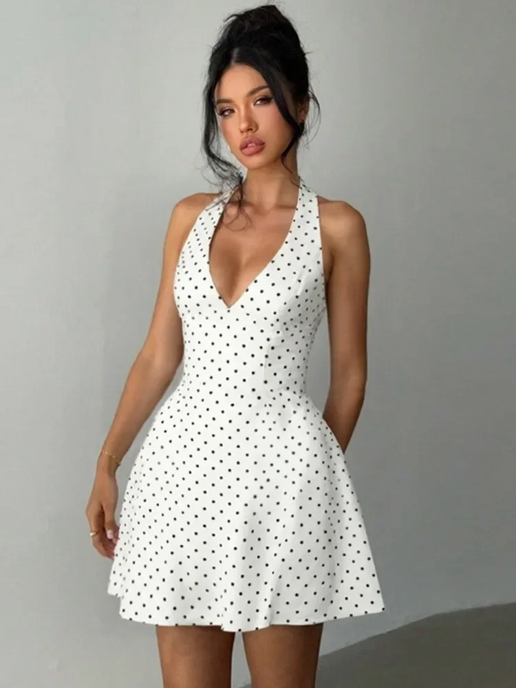 Chaxiaoa polka dot sexy mini vestido feminino moda halter profundo decote em v sem mangas sem costas cintura alta a linha clube vestidos de festa