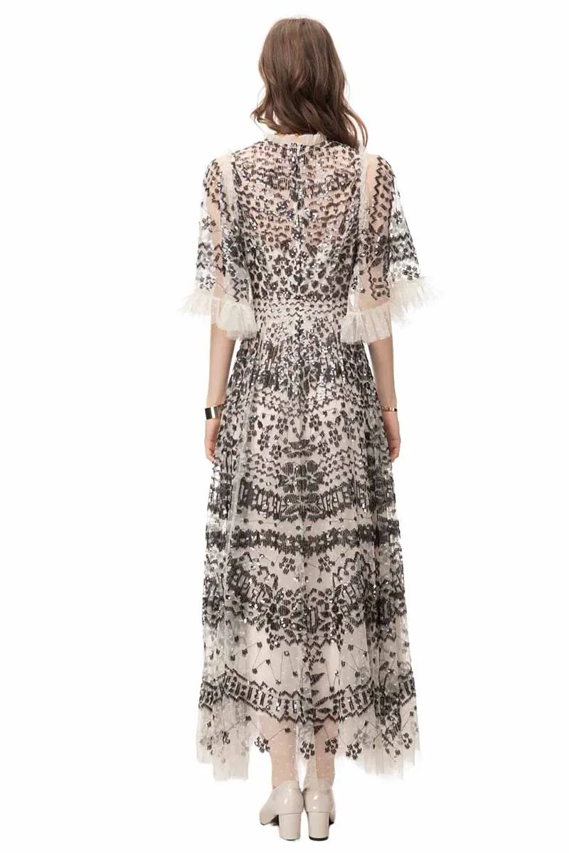 Runway New  Light Luxury Short sleeved Positioning Bead Embroidered  Long  Dress 240217MZ04