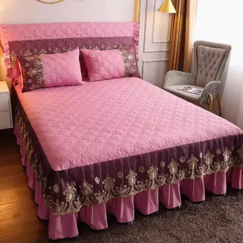 Juego de falda de cama de 3 piezas, colcha de encaje minimalista moderna, fundas de cama gruesas lavables a prueba de polvo y a máquina para el hogar, ropa de cama