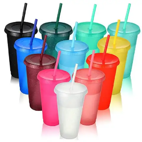 Summer Party Glitter Cups Girl Cold Drink Cups Reusable Hard Plastic Cups with Lids and Straws For Wedding/Holiday Parties