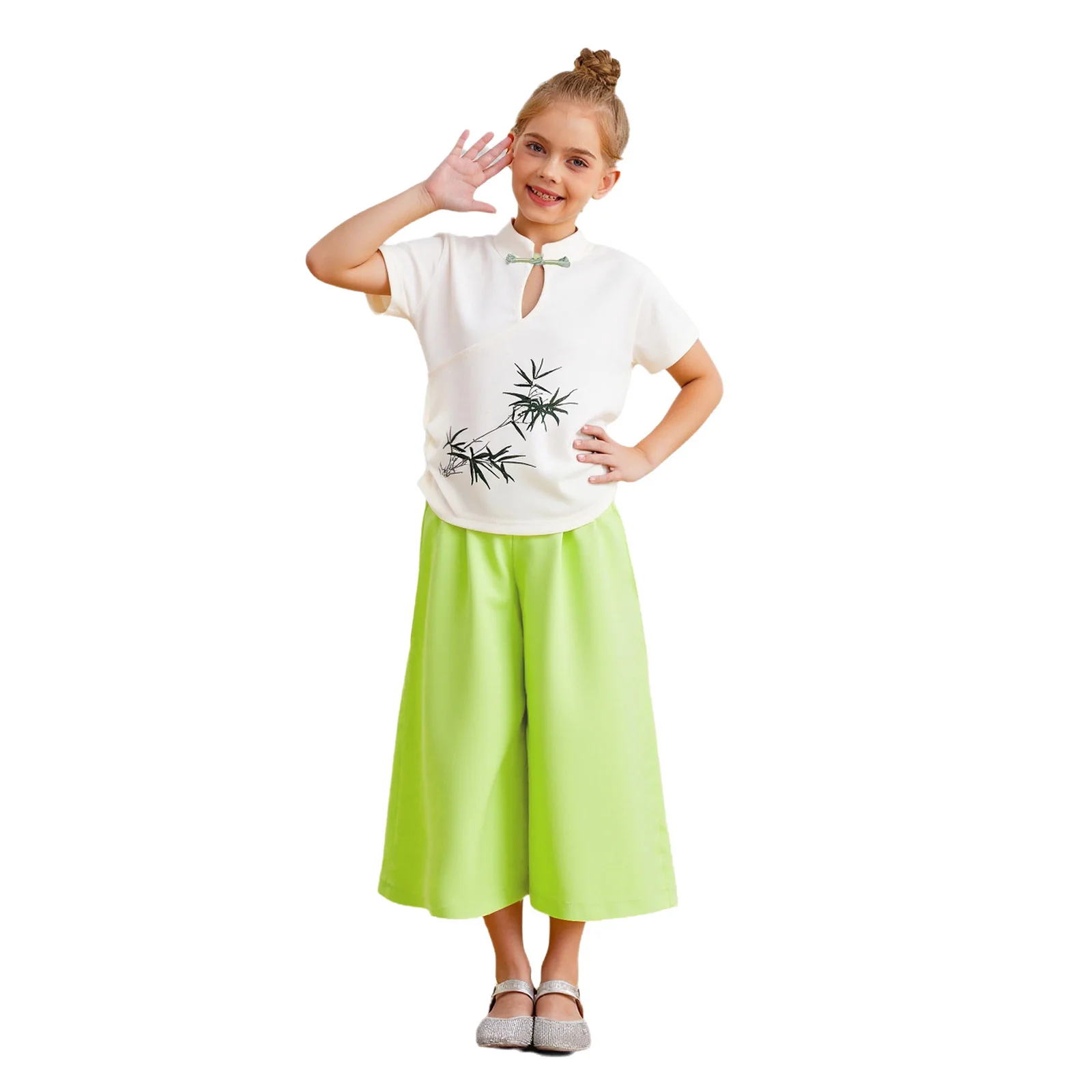 

Girls Chinese Style Outfit 2-Piece Short Sleeve Mandarin Collar Knot Button Flower/Bamboo Printed Top+Pants for Birthday Party