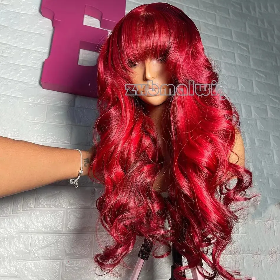 MXWIGS-peluca con malla frontal para mujer, pelo sintético con flequillo, rojo, 13x4, pelo de bebé, 180% de densidad, sin pegamento, prearrancado, Cosplay