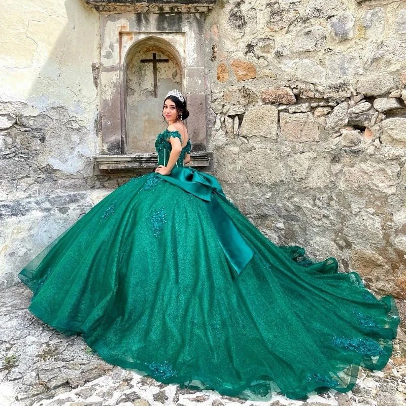 Vestidos de quinceañrea de princesa, Apliques de encaje con hombros descubiertos, verde esmeralda, dulce, 15, 16. °, fiesta de cumpleaños