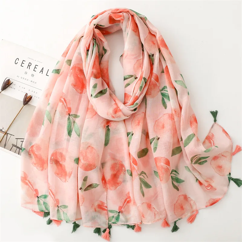 2024 New Fashion Peach Print Tassel Scarf Shawls Fruit Pattern Foulard Scarves Hijab Wrap Wholesale 10pcs/LOT