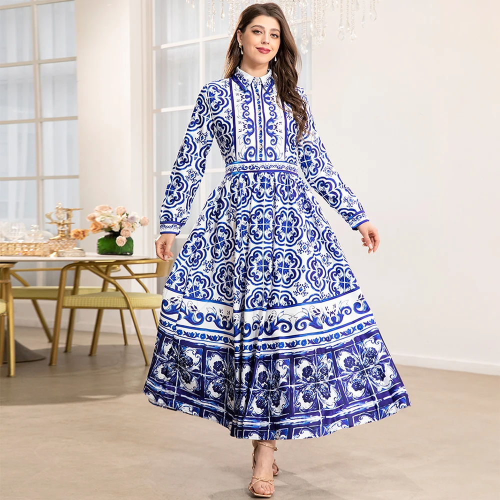 Fridayin Muslim Ramadan Elegant Lapel Blue Blue and White Porcelain Printed Strappy Shirt Sleeves Fashionable Arabic Long Dress