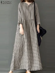 ZANZEA Long Sleeve Gingham Patchwork Maxi Dress V Neck Vintage Holiday 2025 Spring Vestidos Women Check Loose Casual Long Dress