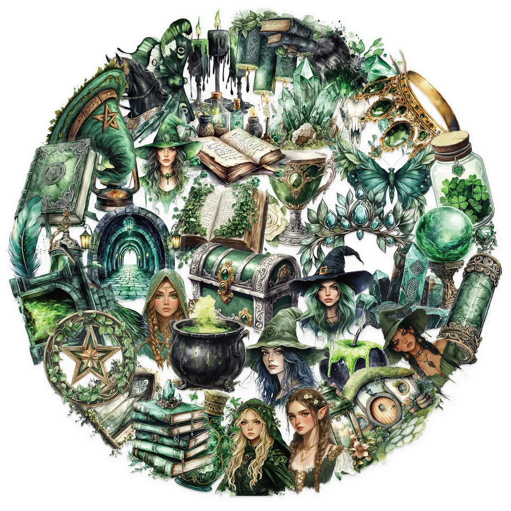 50PCS Transparent Forest Witch Sticker Pack - Waterproof Clear PET for Scrapbook, Guitar & Notebook Decor(Anime Worlds Store)